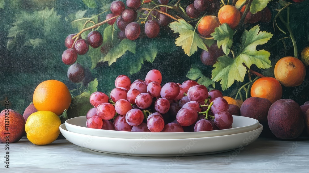 Poster ripe grapes on a white plate surrounded by colorful fruits with a lush greenery backdrop in a vibran