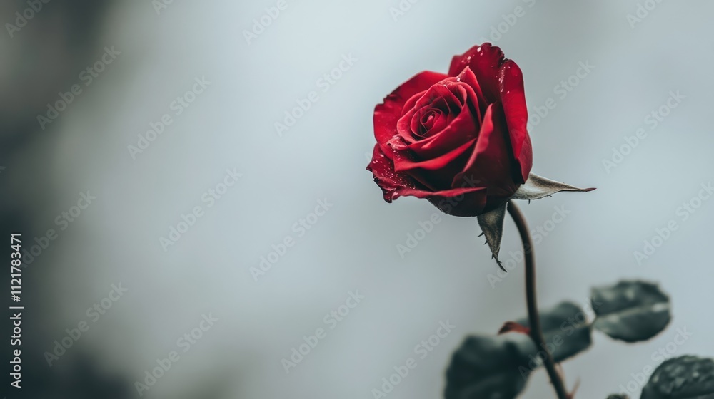 Poster elegant red rose on a slender stem with soft blurred background highlighting its petals and green le
