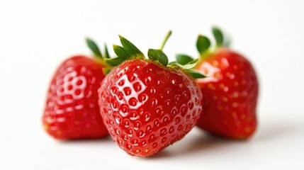 Fresh ripe strawberries arranged on a white background showcasing their vibrant red color and natural sheen