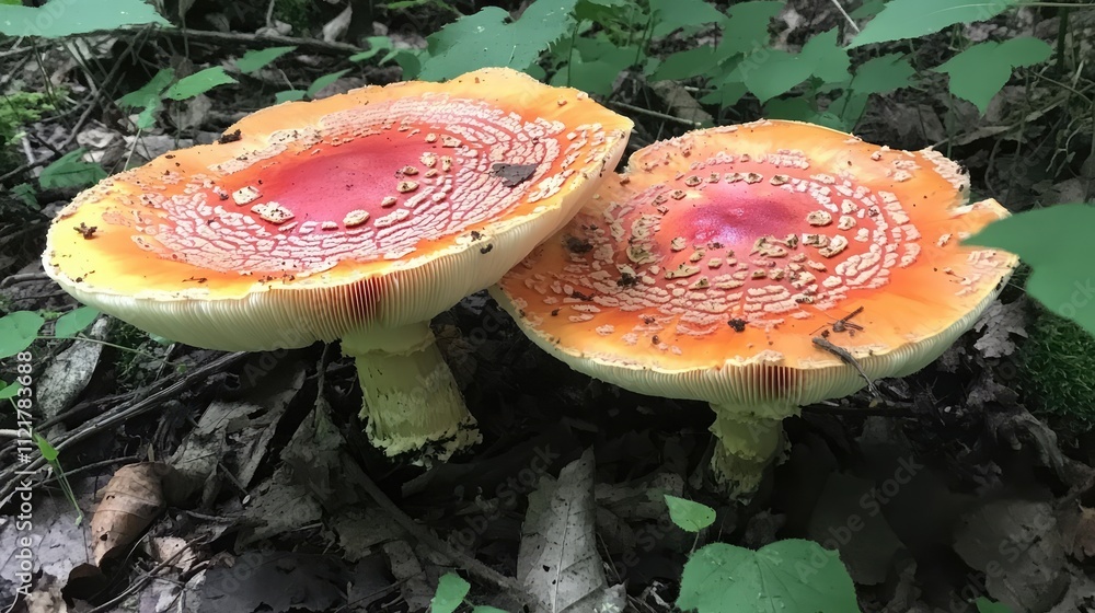 Poster vibrant red fly agaric mushrooms showcasing intricate patterns in a serene forest clearing surrounde