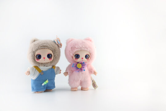 cute fluffy art toy character, Liila Lucky Cat series plush toy doll blind box mystery box from China brand Liilatoys , display on white table with background of nice box packaging in toy shop	