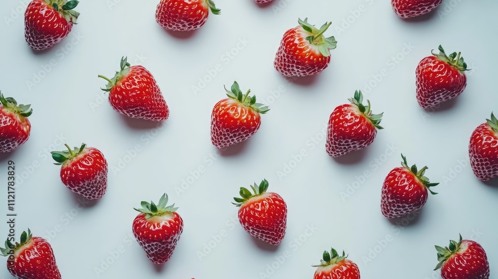 Aufkleber fresh ripe red strawberries arranged in a flat lay on a light background showcasing their vibrant co