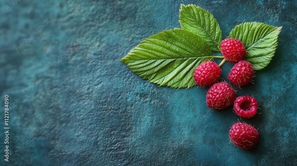 Poster fresh ripe raspberries with green leaf arranged on a textured surface showcasing macro details and v