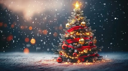A vibrant Christmas tree adorned with golden baubles, red ribbons, and sparkling fairy lights; snowy background with a glowing star on top. Magical festive vibes