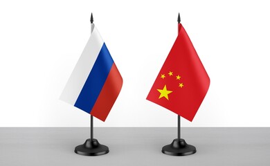 Image of the table flag of Russia and China countries. White background. Close-up flags. High...