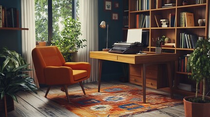 Retro-inspired home office with a typewriter and Scandinavian design. AI generated illustration