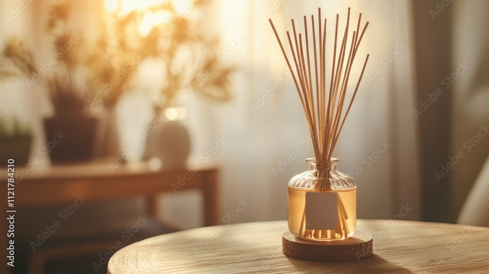 Aufkleber reed diffuser creating a warm ambiance on a wooden table in a cozy indoor setting with soft natural 