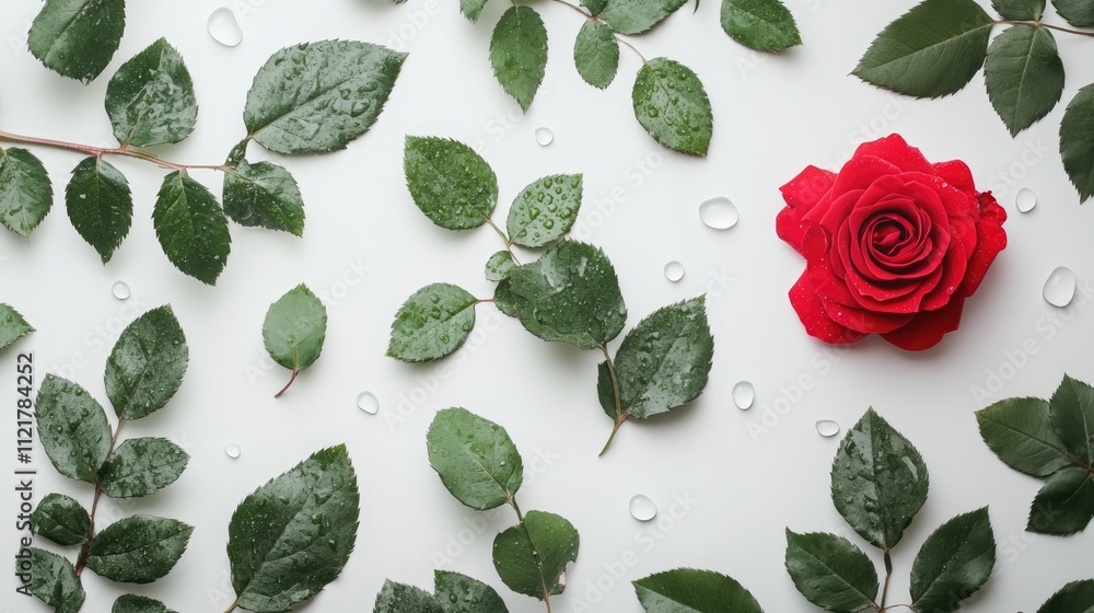 Aufkleber red rose with green leaves and water droplets on a white background creating a fresh and elegant bot