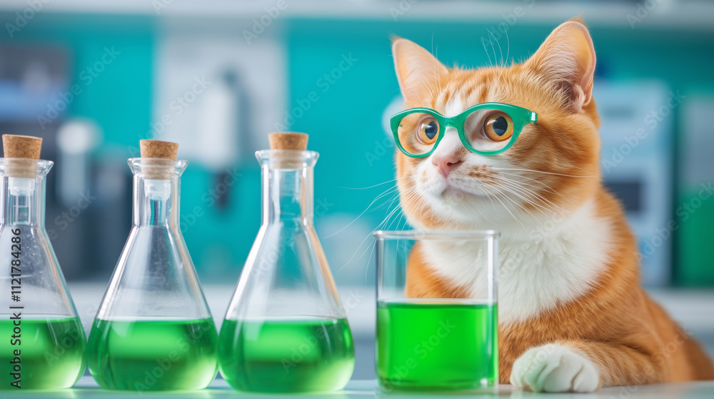 Poster curious cat conducting fun experiments in laboratory