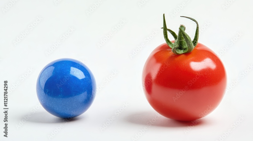 Poster red tomato and blue marble side by side isolated on a clean white background showcasing contrasting 