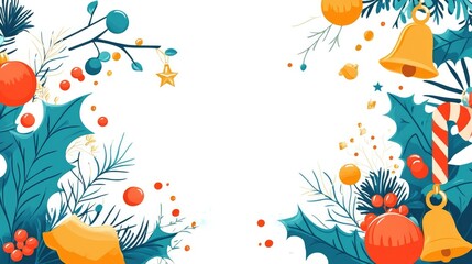 A vibrant vector border of Christmas decorations including holly, bells, and baubles on lush green branches, set against a white background.