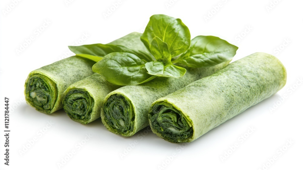 Poster rolled spinach pancakes garnished with fresh basil on a pristine white background showcasing healthy