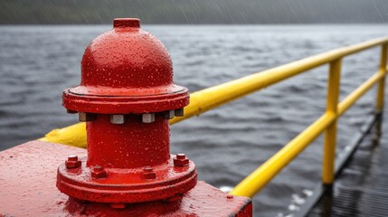 Red fire hydrant on boat dock in rain with yellow railing overlooking calm water surface