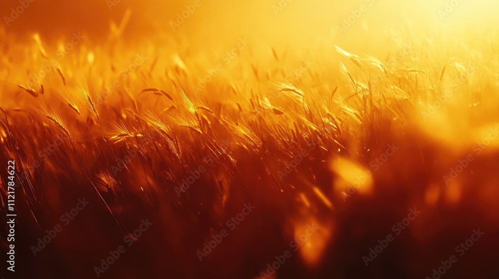 Poster serene warm golden hour meadow with yellow flowers softly illuminated by sunset creating a tranquil 