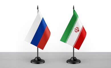 Image of the table flag of Russia and Iran countries. White background. Close-up flags. High...