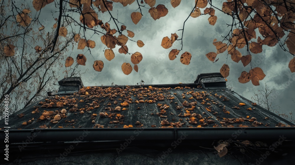 Aufkleber autumn leaves on a rooftree under a moody sky creating a serene and atmospheric landscape scene