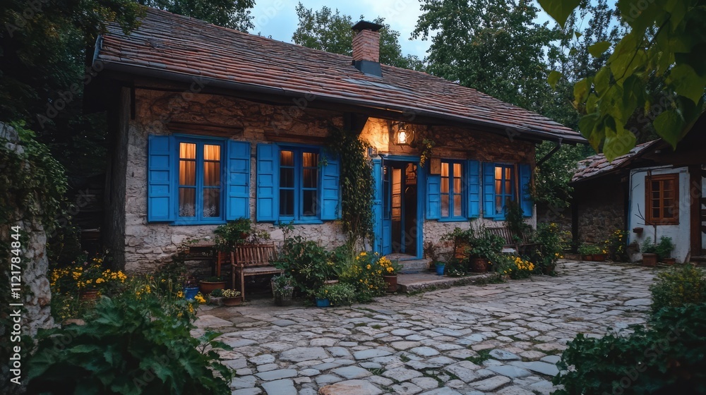 Poster Charming rustic house with blue windows illuminated at dusk surrounded by greenery in a peaceful village setting