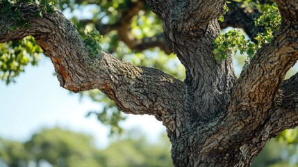Close-up of a gnarled oak tree trunk and branches, showing texture and detail.