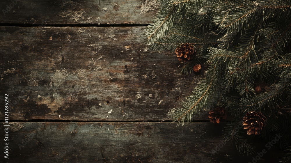 Poster rustic holiday background featuring evergreen branches and pine cones on weathered wooden surface