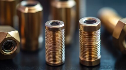 Detailed close-up of brass and metal threaded couplings showcasing various sizes and designs for plumbing and mechanical applications