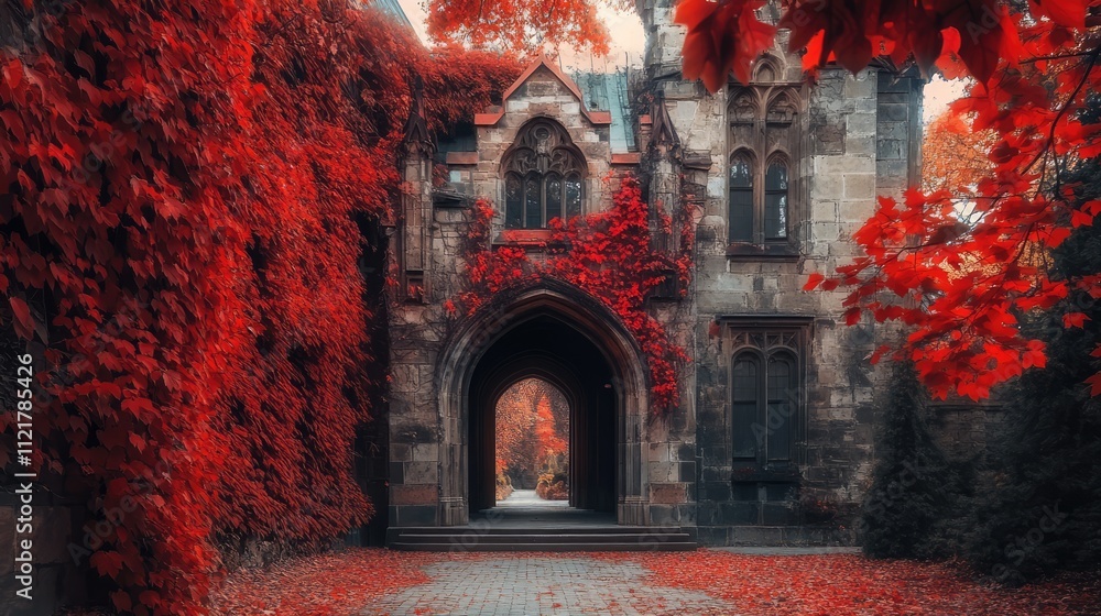 Aufkleber autumn scene with vibrant red foliage framing historic architecture and archway in a serene, picture
