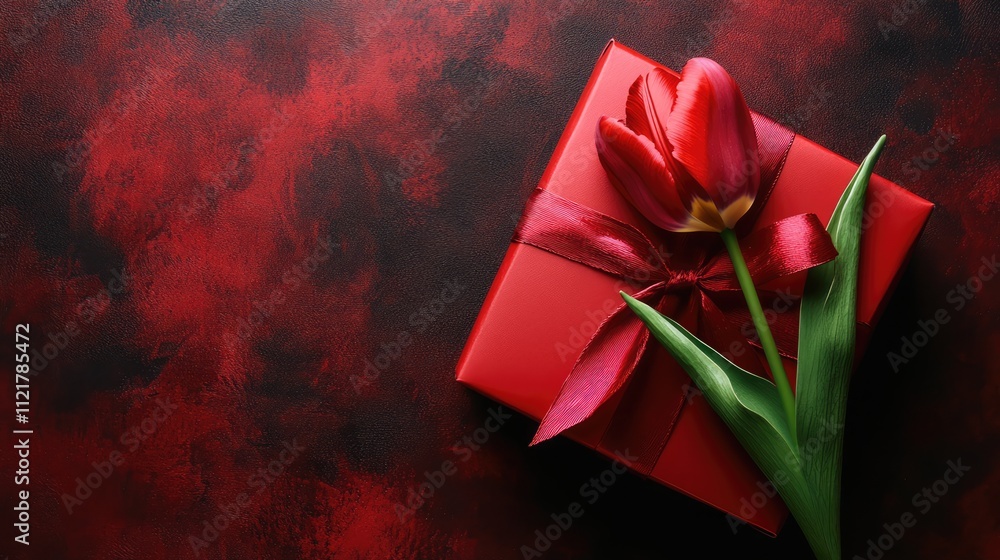 Poster Red tulip on red gift box with bow creating an elegant romantic presentation on a dark background