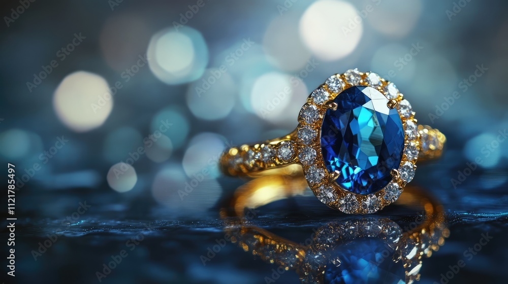 Poster elegant sapphire ring with intricate design set against a shimmering reflective background showcasin
