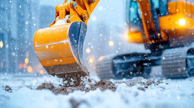 Excavator digging in snow during winter weather
