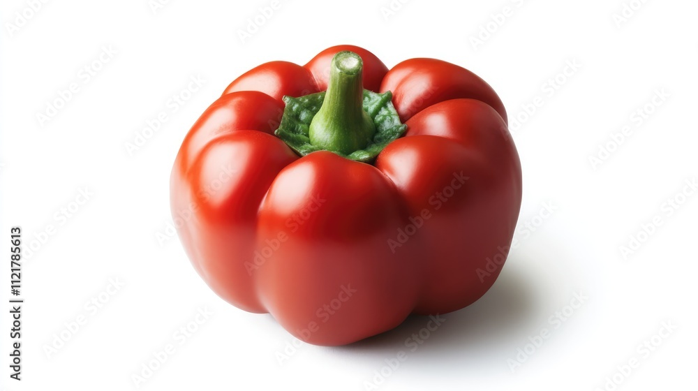 Poster Fresh red bell pepper on a clean white background showcasing its vibrant color and smooth texture ideal for culinary and health-related visuals.