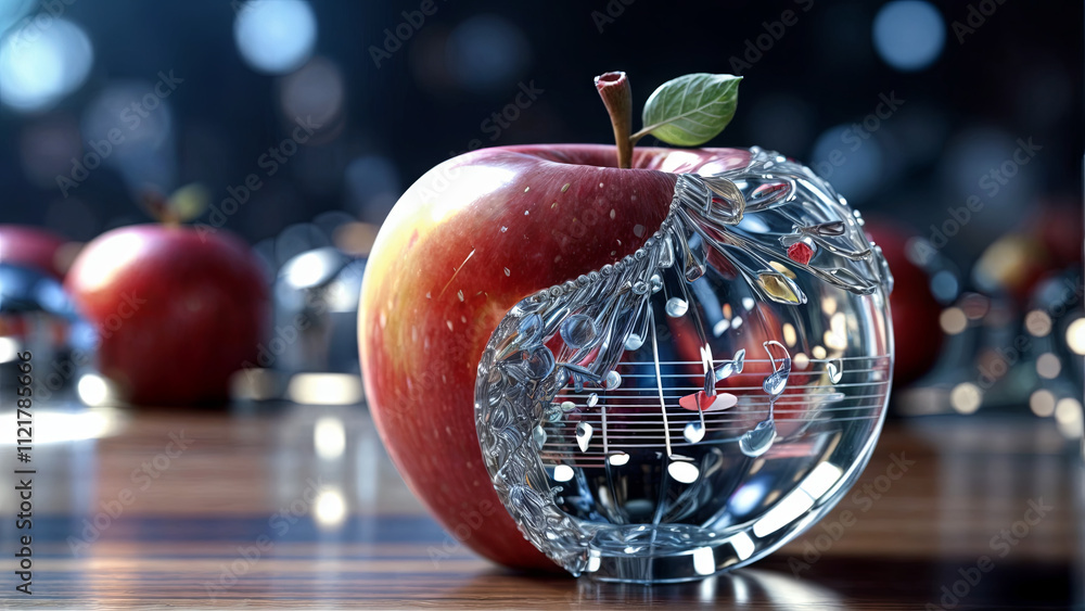 Poster a red apple showcases a creative design where part of it is transformed into intricate glass with mu