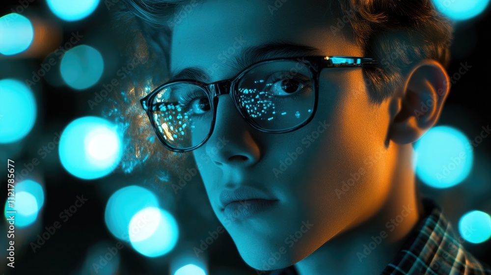 Aufkleber saas software as a service concept with young man immersed in glowing bokeh lights showcasing techno