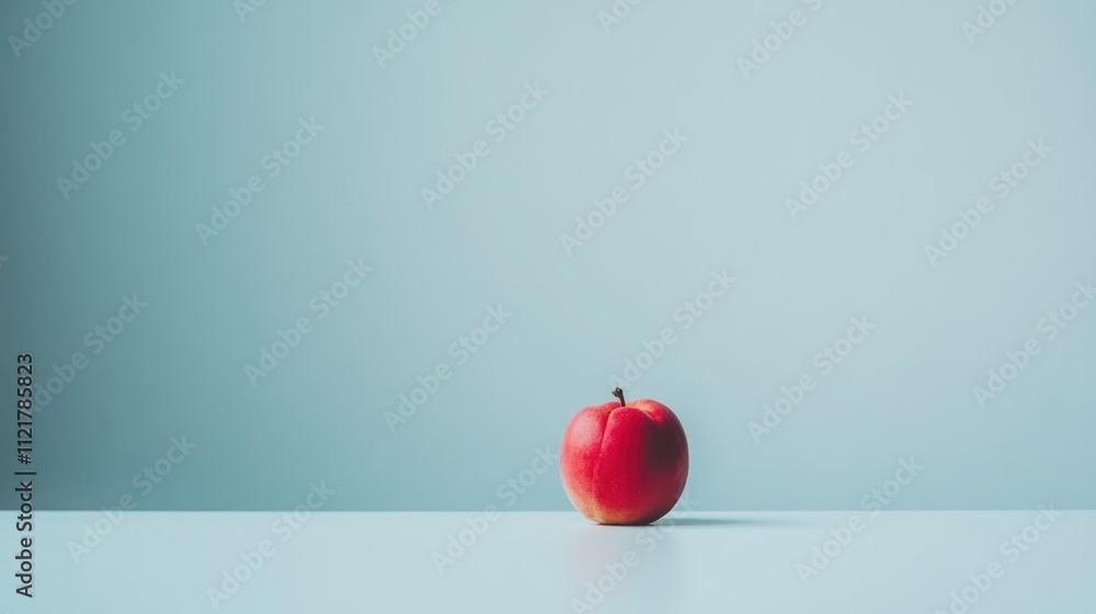 Poster fresh ripe peach on a minimalistic surface with a soft blue background highlighting its vibrant colo