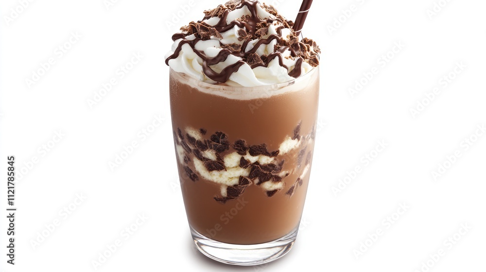 Poster decadent chocolate shake topped with whipped cream and chocolate drizzle in a clear glass on a white
