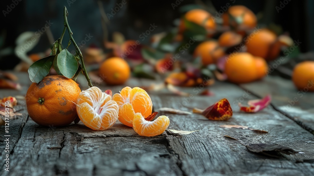 Aufkleber peeled ripe mandarin fruit displayed on rustic timber with a blurred background of clusters of manda