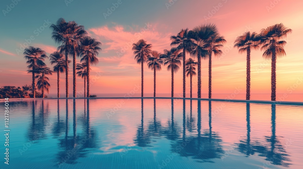Aufkleber serene sunset reflection of palm trees in a tranquil blue swimming pool creating a picturesque tropi