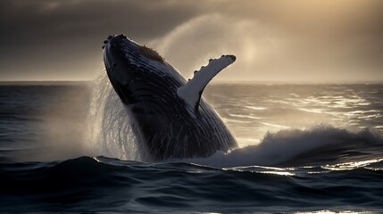 Fototapeta premium Humpback Whale Breaching at Golden Sunset