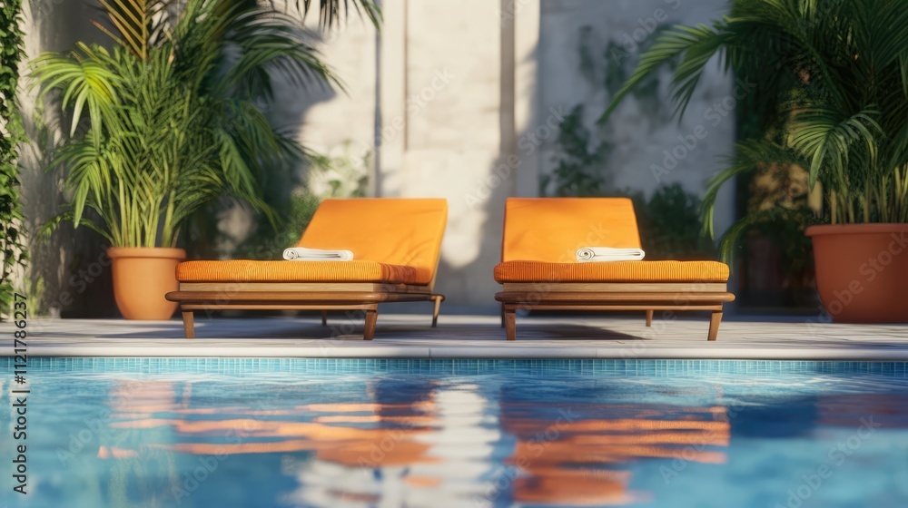 Poster Tranquil poolside scene with orange sun beds surrounded by lush greenery and a sparkling swimming pool in a serene environment