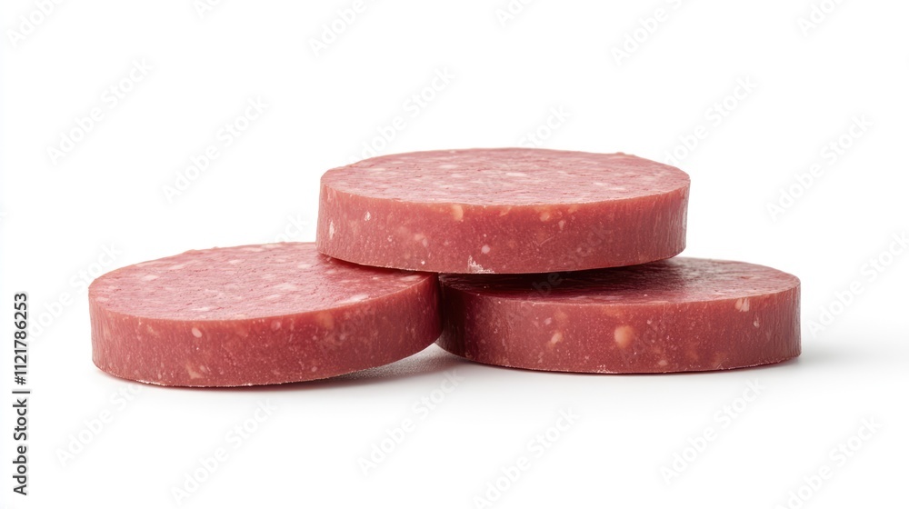 Poster sliced salami sausage rounds arranged in a stack isolated on a white background for food photography