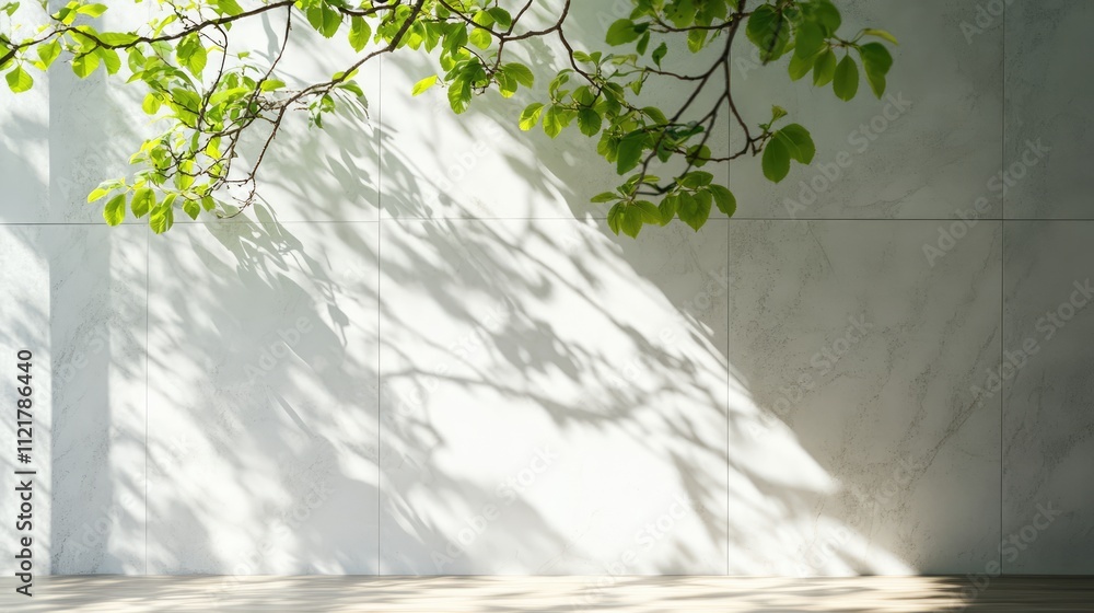 Poster spring sunlight casting gentle shadows from green tree branches on a white marble wall with a wooden