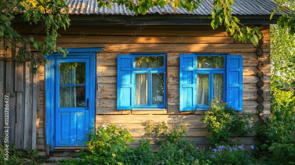 Poster charming rustic house with blue windows surrounded by greenery in a tranquil village during a serene