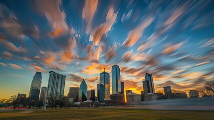 Time-lapse style shot of clouds moving rapidly around a cluster of skyscrapers.