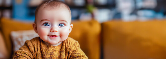 A joyful baby wearing a warm sweater, sitting in a cozy living room with a vibrant mustard-yellow couch in the background. A perfect representation of warmth, happiness, and family moments