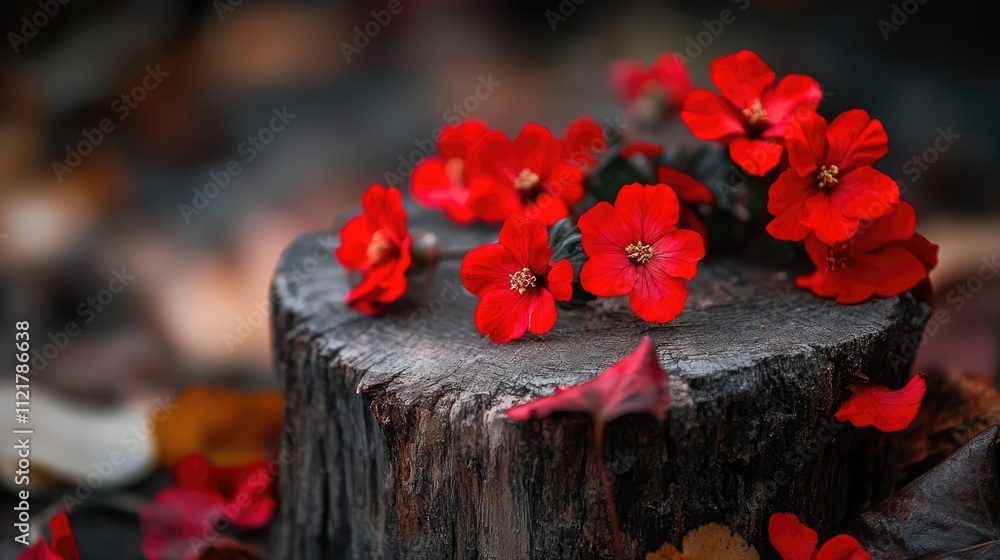 Aufkleber red flowers blooming on a weathered tree stump surrounded by autumn leaves in a serene natural setti