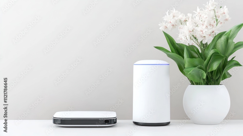 Aufkleber modern tech setup with a speaker and a plant in a minimalist space.