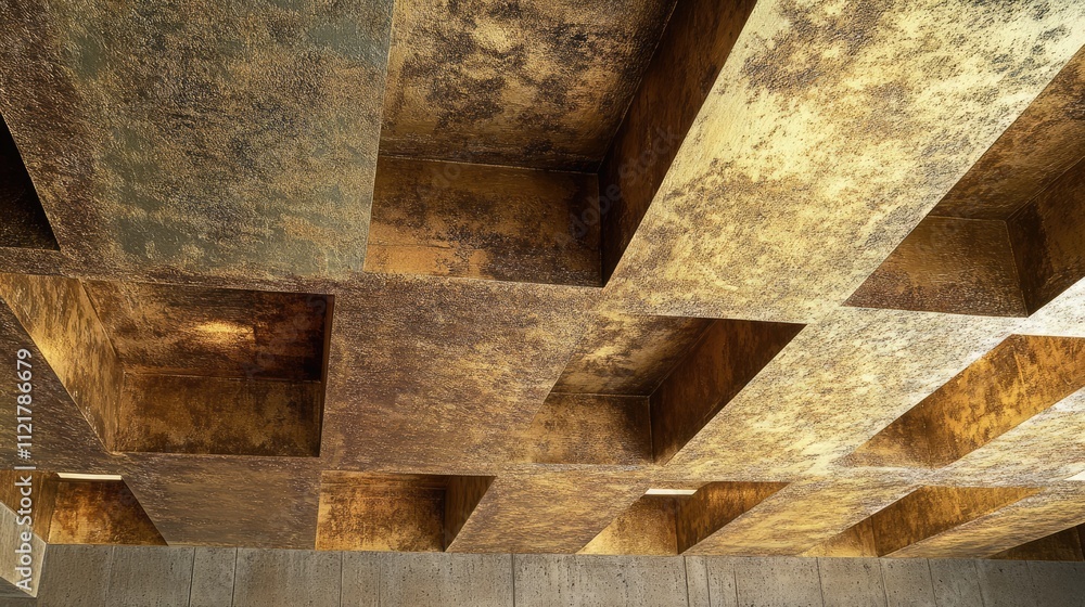 Poster textured suspended ceiling design featuring an artistic, golden-brown pattern with depth and visual 