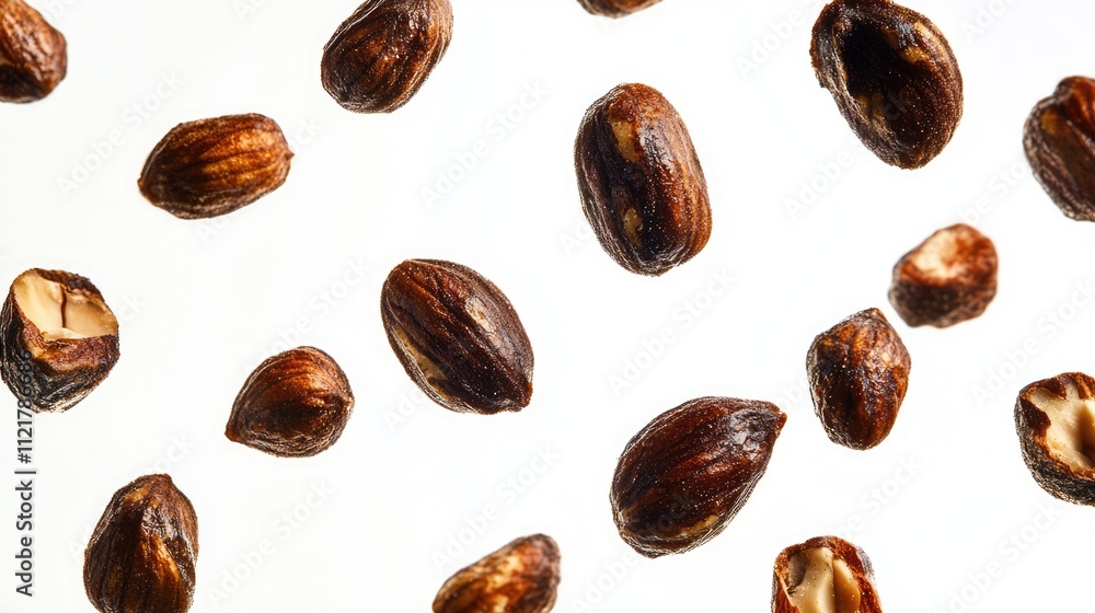 Poster macro shot of assorted roasted nuts floating on a white background showcasing textures and natural c