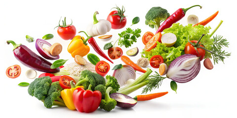 Naklejka premium Vibrant vegetables such as peppers, tomatoes, and broccoli are soaring through the air. Fresh herbs and spices complement the assortment, adding color and flavor to the mix