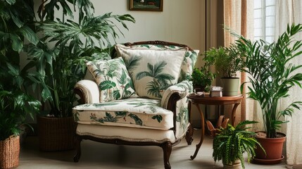Cozy living room with stylish armchair adorned with pillows surrounded by houseplants and soft natural light from window