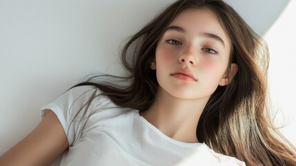 Relaxed teenage girl portrait with long hair in casual white t-shirt against bright studio background capturing youth and tranquility