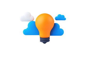 A bright orange light bulb surrounded by stylized clouds in blue and white.